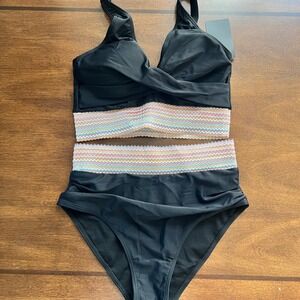 New Black High Waisted Bikini Set Rainbow Stripe Trim
